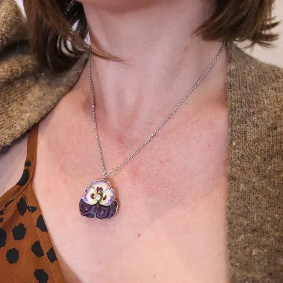 Hedges & Co. 1900 Art Nouveau Enamel Pansy Pendant 14Kt  Diamond - Picture 4 of 8